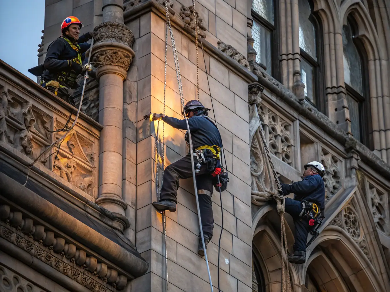A team of conservationists working on restoring the façade of Château de Bouteville, with scaffolding and preservation tools visible.