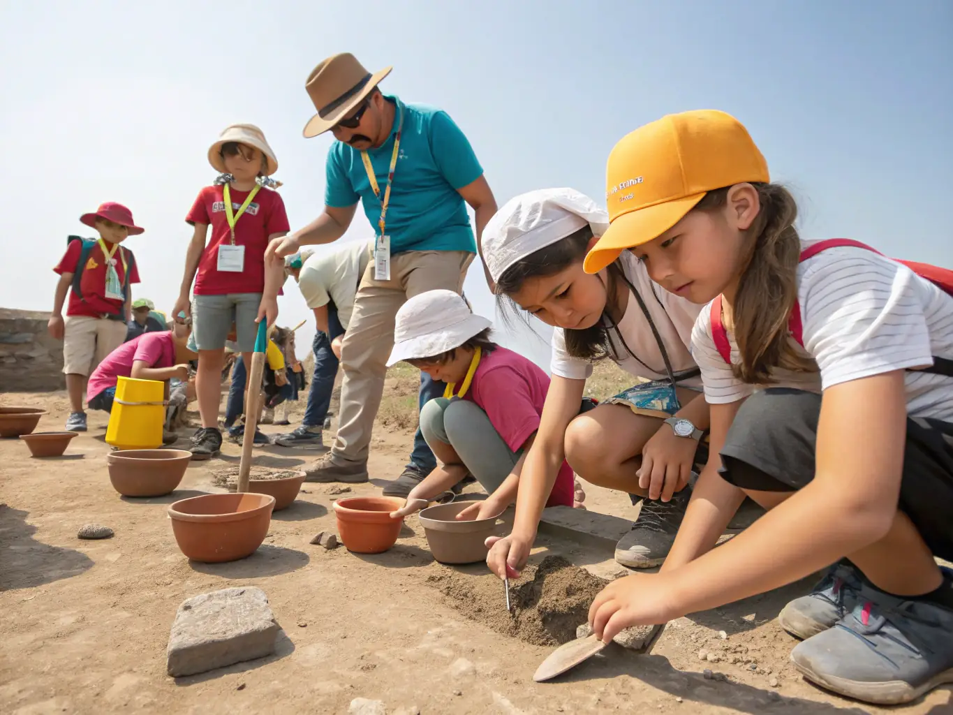 A group of volunteers participating in an archaeological dig at a historic site, carefully excavating artifacts.