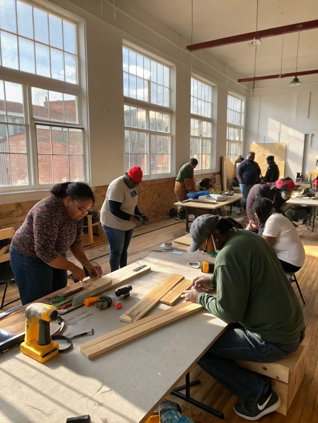 A group of community members participating in a heritage conservation workshop, learning traditional building techniques and the importance of preserving local landmarks.